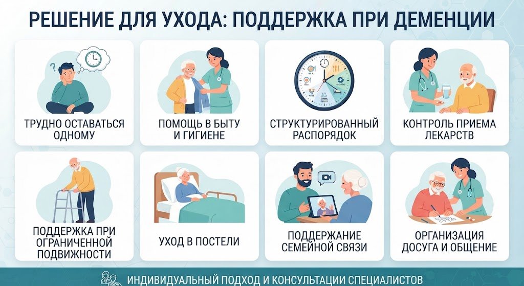 Инфографика: когда пожилому человеку с деменцией требуется специализированный уход и помощь в пансионате
