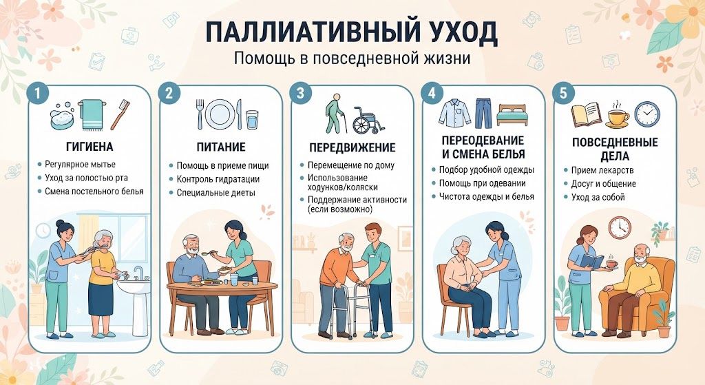 Инфографика «Паллиативный уход: Помощь в повседневной жизни», разделенная на пять блоков с иллюстрациями и списком задач.