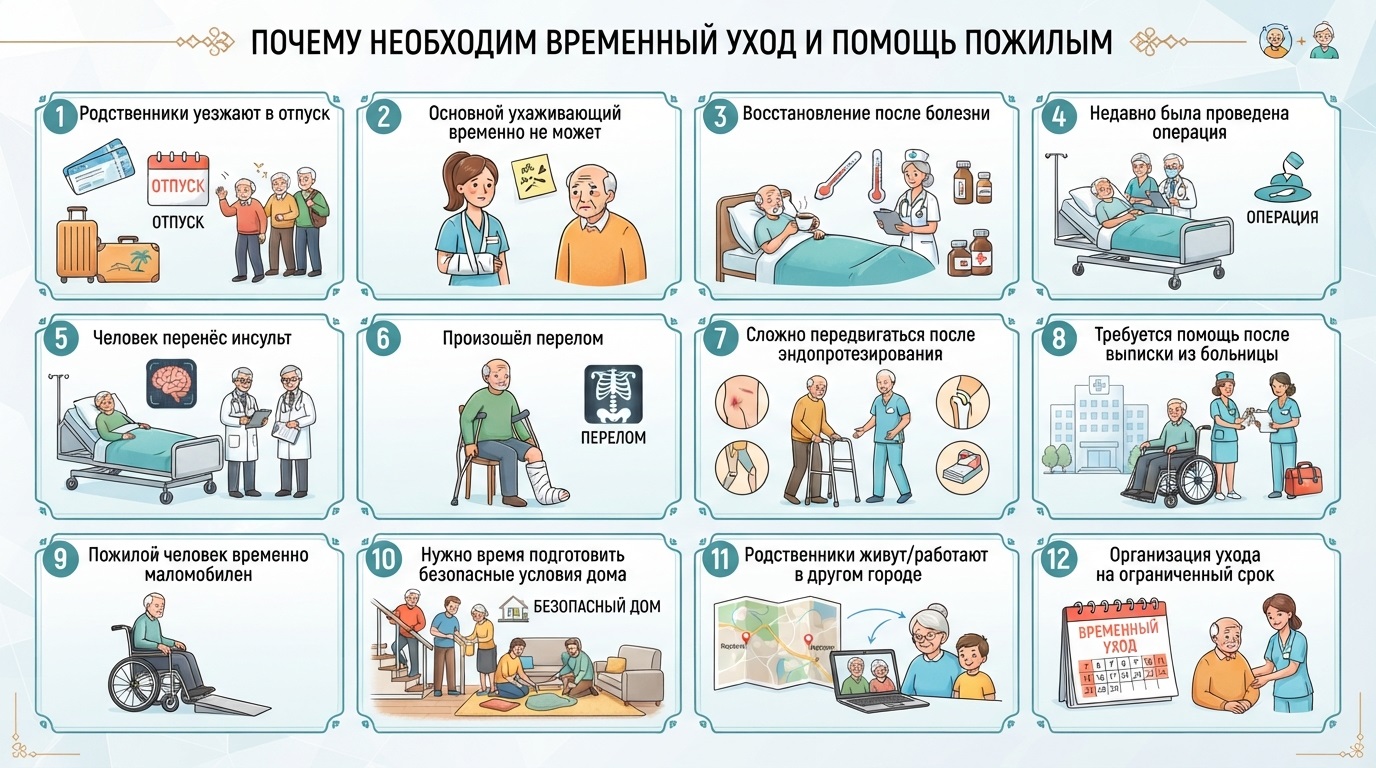 Инфографика: почему необходим временный уход и помощь пожилым людям.