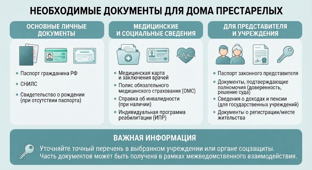 Инфографика со списком необходимых документов для услуги оформления пожилого человека в дом престарелых